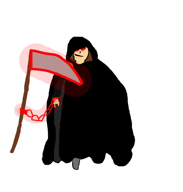 Brown hair neck-length hair under a hood, black outer cloak with a black underrobe, gray shoes, wrist has a glowing red chain attaching it to a scythe at its handle, the scythe having a red glow surrounding the blade. His eyes also glow red for extra edge